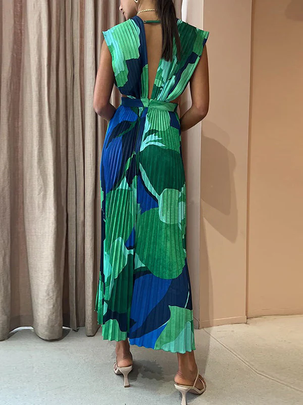Loose Sleeveless Pleated Printed Split-Joint Deep V-Neck Maxi Dresses - Image 3