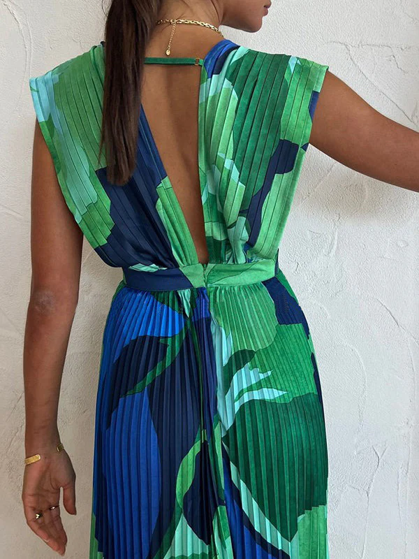 Loose Sleeveless Pleated Printed Split-Joint Deep V-Neck Maxi Dresses - Image 5