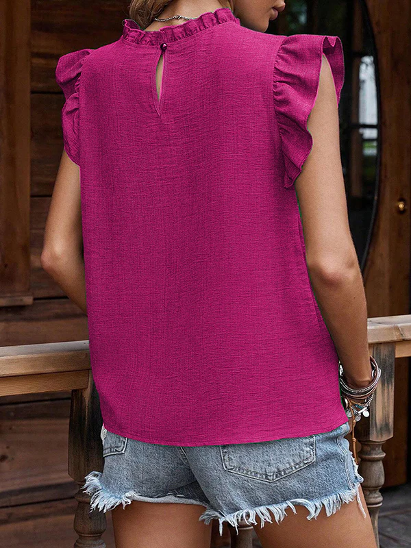 Loose Sleeveless Pleated Ruffle Trim Solid Color Round-Neck Blouses&Shirts Tops - Image 7