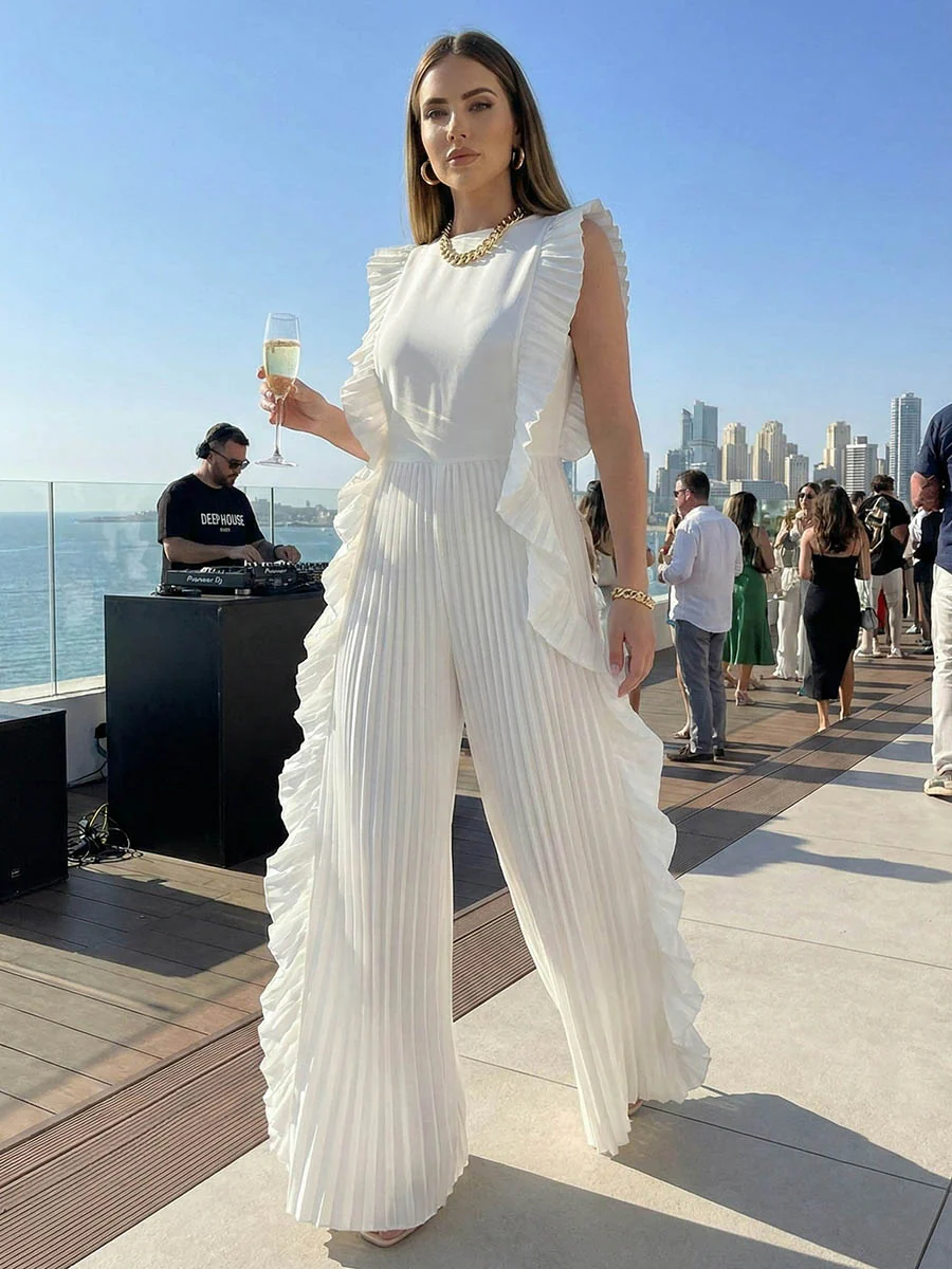 Loose Sleeveless Pleated Ruffled Solid Color Split-Joint Round-Neck Jumpsuits - Image 2
