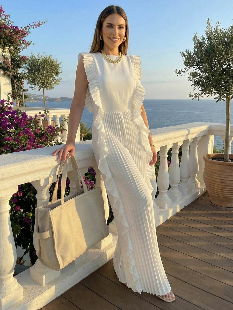 Loose Sleeveless Pleated Ruffled Solid Color Split-Joint Round-Neck Jumpsuits - Image 3
