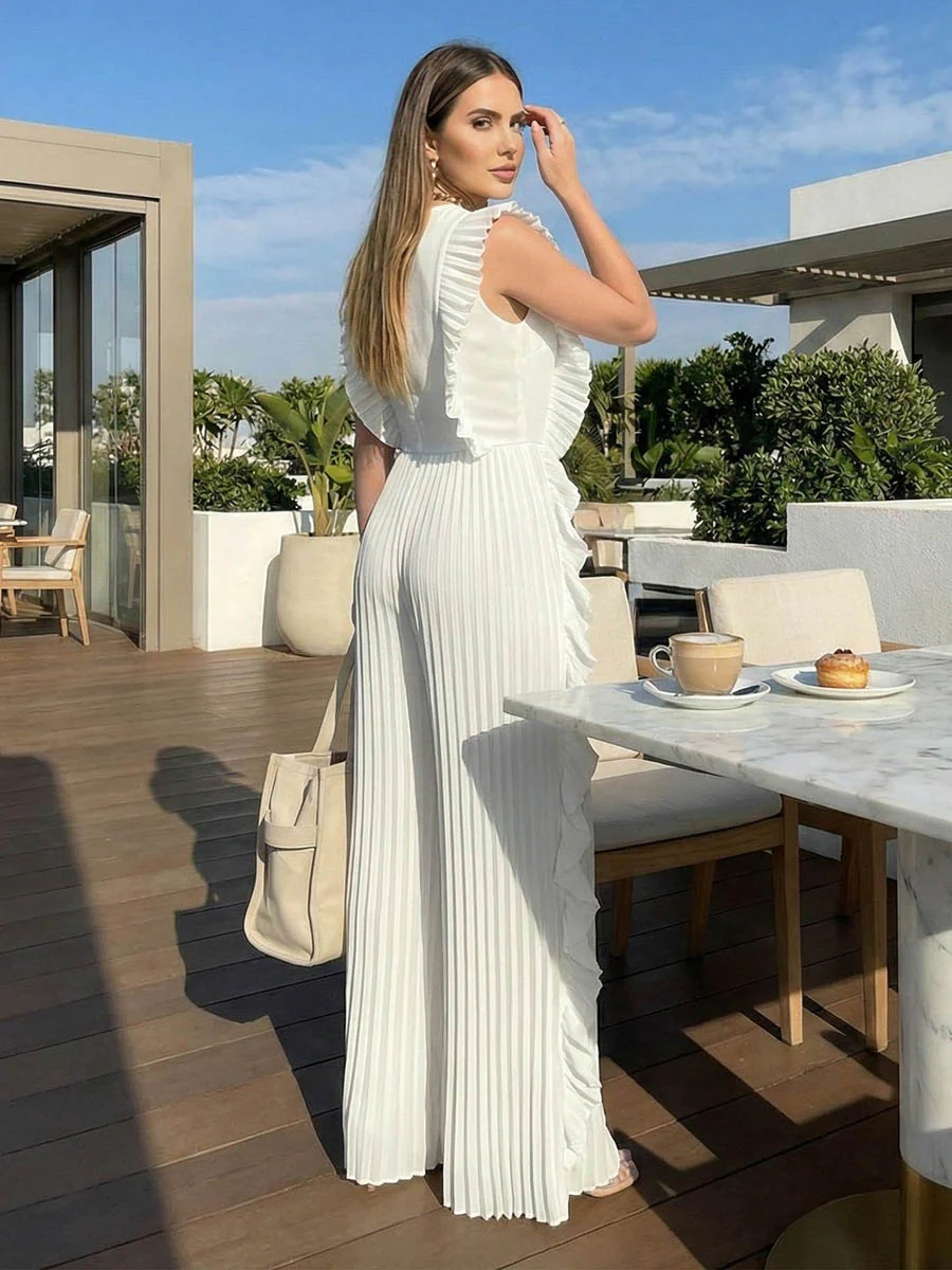 Loose Sleeveless Pleated Ruffled Solid Color Split-Joint Round-Neck Jumpsuits - Image 4