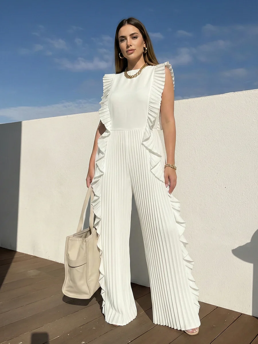 Loose Sleeveless Pleated Ruffled Solid Color Split-Joint Round-Neck Jumpsuits - Image 5