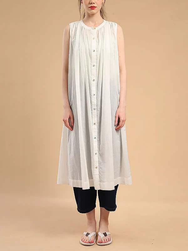 Loose Sleeveless Pleated See-Through Round-Neck Midi Dresses - Image 3