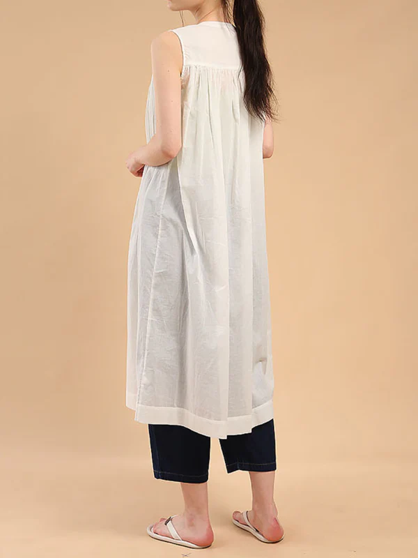 Loose Sleeveless Pleated See-Through Round-Neck Midi Dresses - Image 4