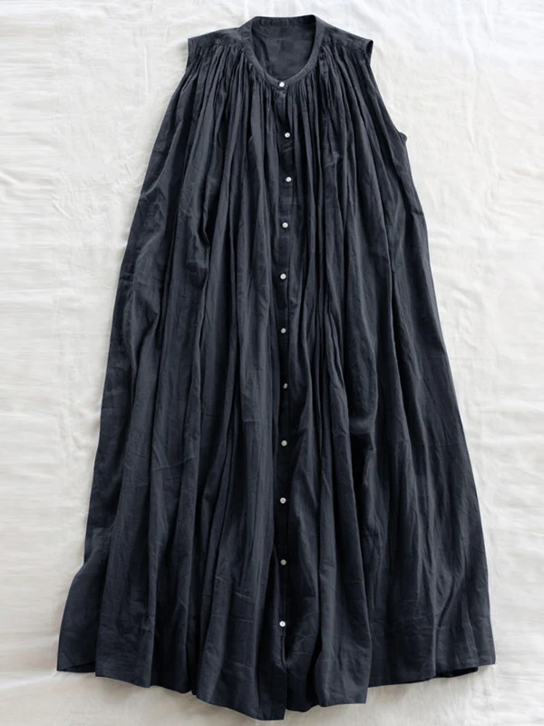 Loose Sleeveless Pleated See-Through Round-Neck Midi Dresses - Image 9