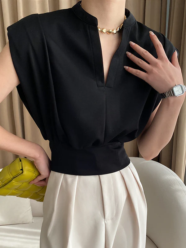 Loose Sleeveless Pleated Shoulder Pad Solid Color V-Neck T-Shirts Tops - Image 2
