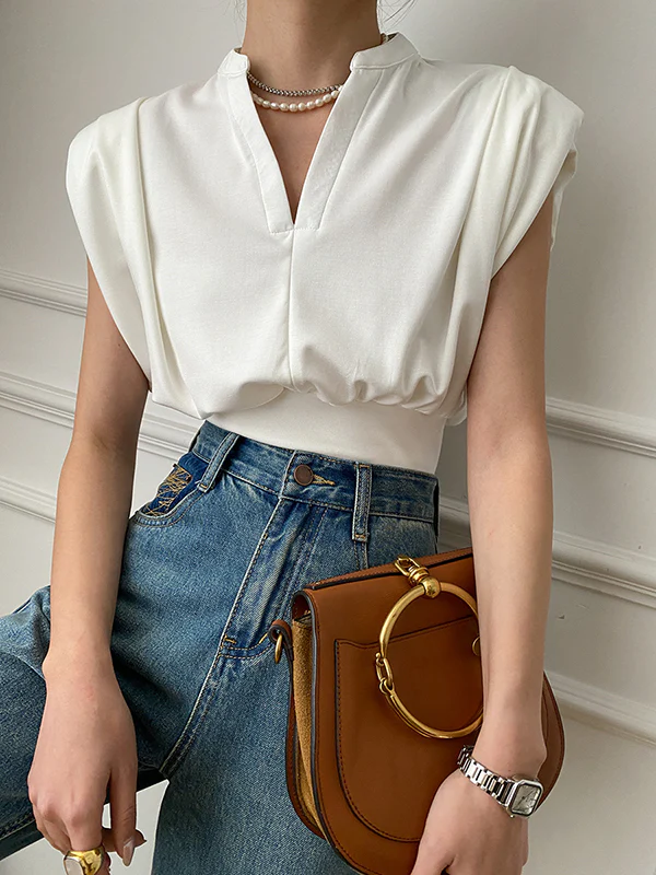 Loose Sleeveless Pleated Shoulder Pad Solid Color V-Neck T-Shirts Tops - Image 5