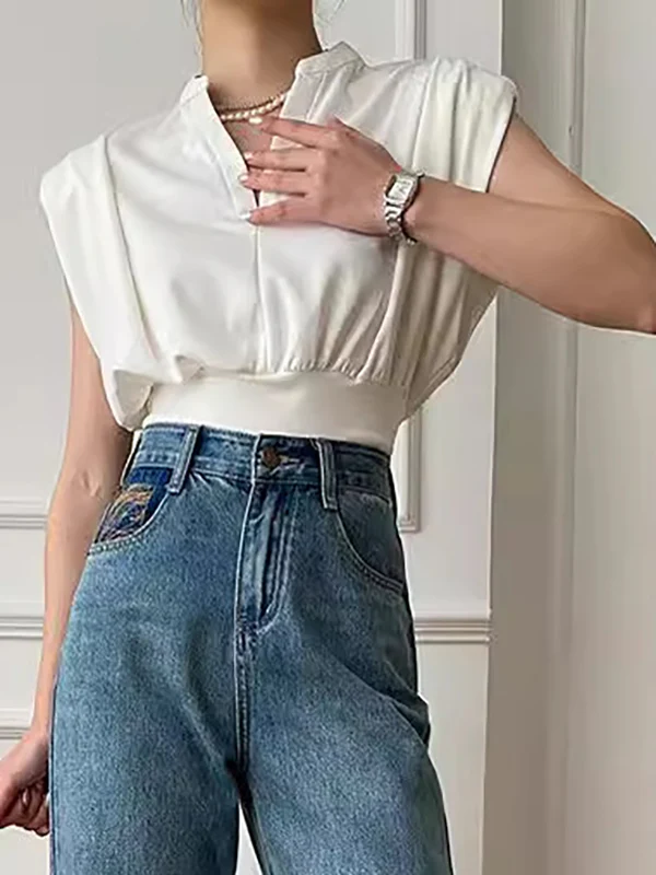 Loose Sleeveless Pleated Shoulder Pad Solid Color V-Neck T-Shirts Tops - Image 6