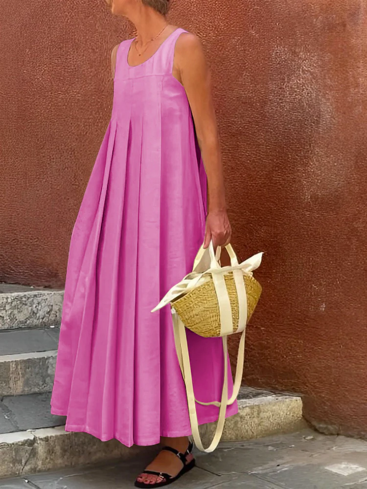Loose Sleeveless Pleated Solid Color Round-Neck Maxi Dresses - Image 3