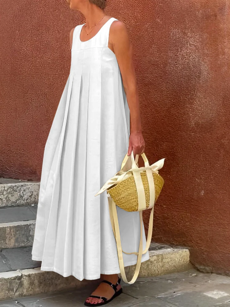Loose Sleeveless Pleated Solid Color Round-Neck Maxi Dresses - Image 4
