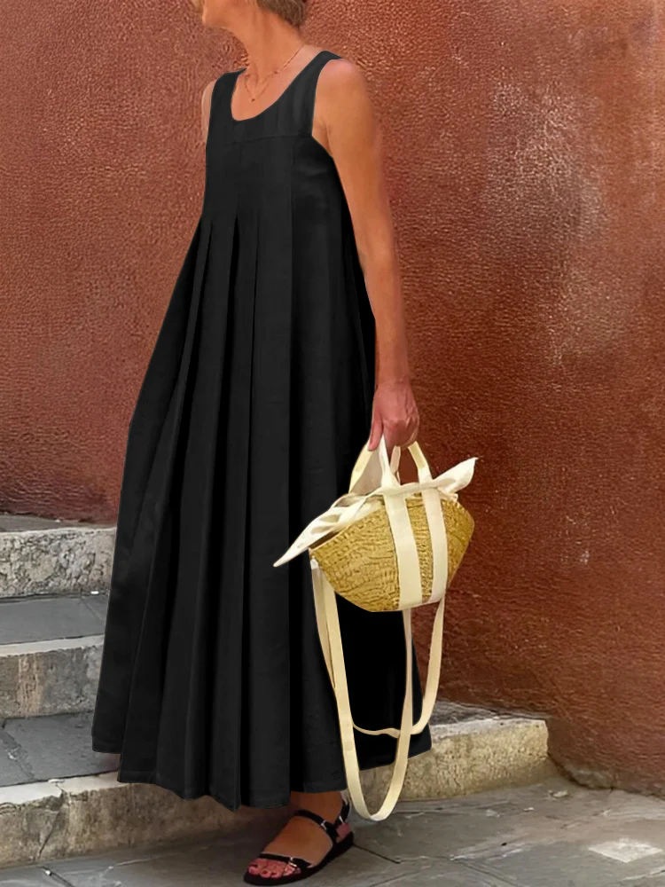 Loose Sleeveless Pleated Solid Color Round-Neck Maxi Dresses - Image 5