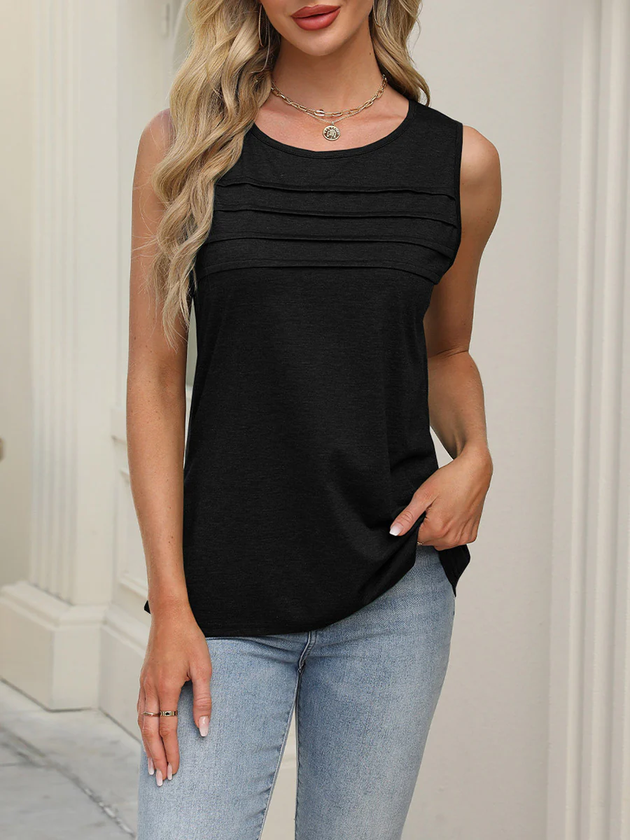 Loose Sleeveless Pleated Solid Color Round-Neck Tank Top - Image 13