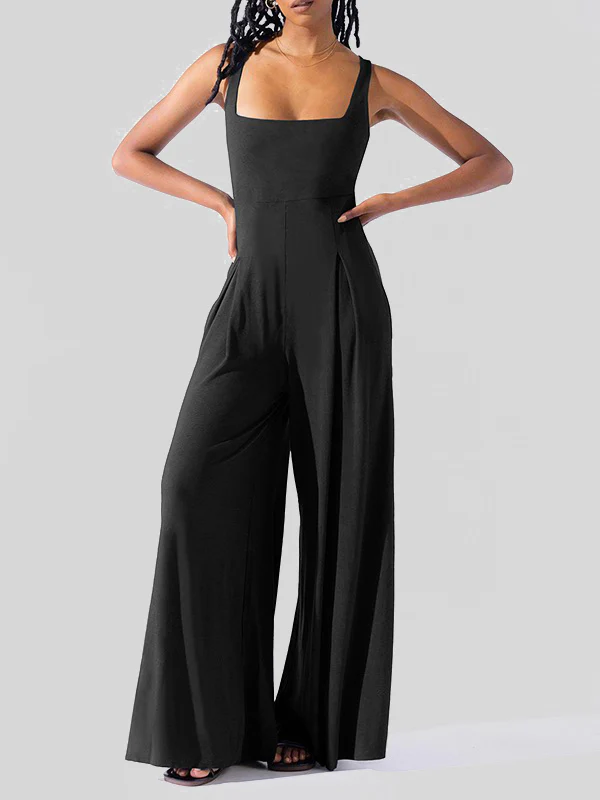 Loose Sleeveless Pleated Solid Color Spaghetti-Neck Jumpsuits - Image 2