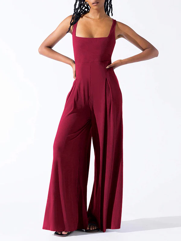 Loose Sleeveless Pleated Solid Color Spaghetti-Neck Jumpsuits - Image 3
