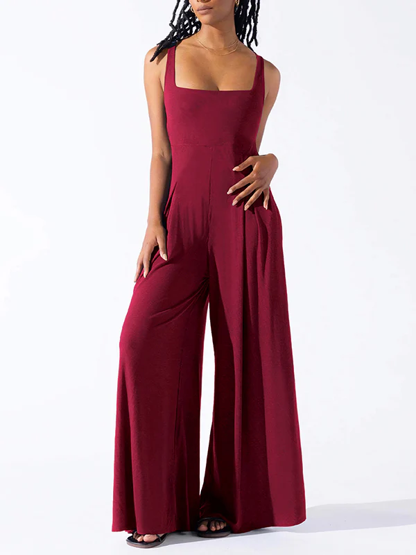 Loose Sleeveless Pleated Solid Color Spaghetti-Neck Jumpsuits - Image 7