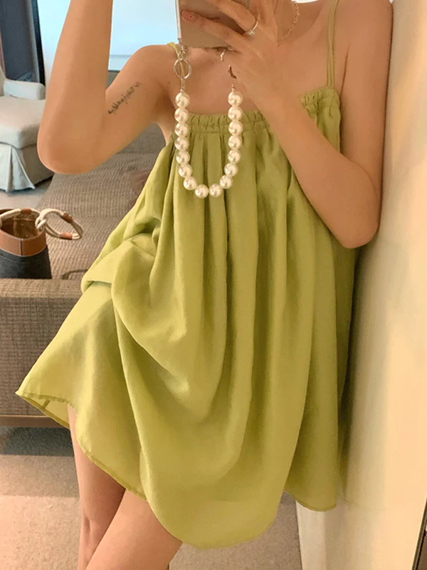 Loose Sleeveless Pleated Solid Color Spaghetti-Neck Mini Dresses Slip Dress - Image 2