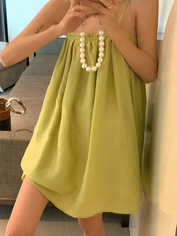 Loose Sleeveless Pleated Solid Color Spaghetti-Neck Mini Dresses Slip Dress - Image 3