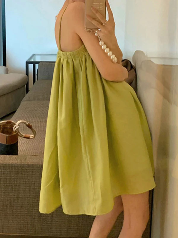 Loose Sleeveless Pleated Solid Color Spaghetti-Neck Mini Dresses Slip Dress - Image 4