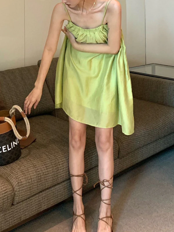 Loose Sleeveless Pleated Solid Color Spaghetti-Neck Mini Dresses Slip Dress - Image 5