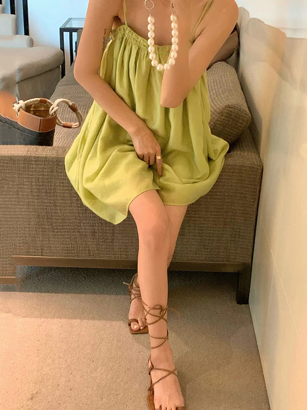 Loose Sleeveless Pleated Solid Color Spaghetti-Neck Mini Dresses Slip Dress - Image 6