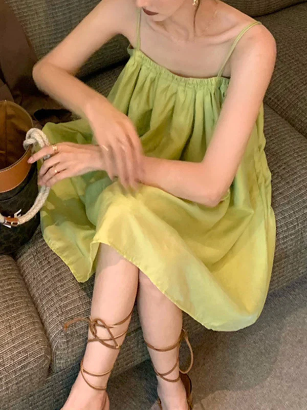 Loose Sleeveless Pleated Solid Color Spaghetti-Neck Mini Dresses Slip Dress - Image 7