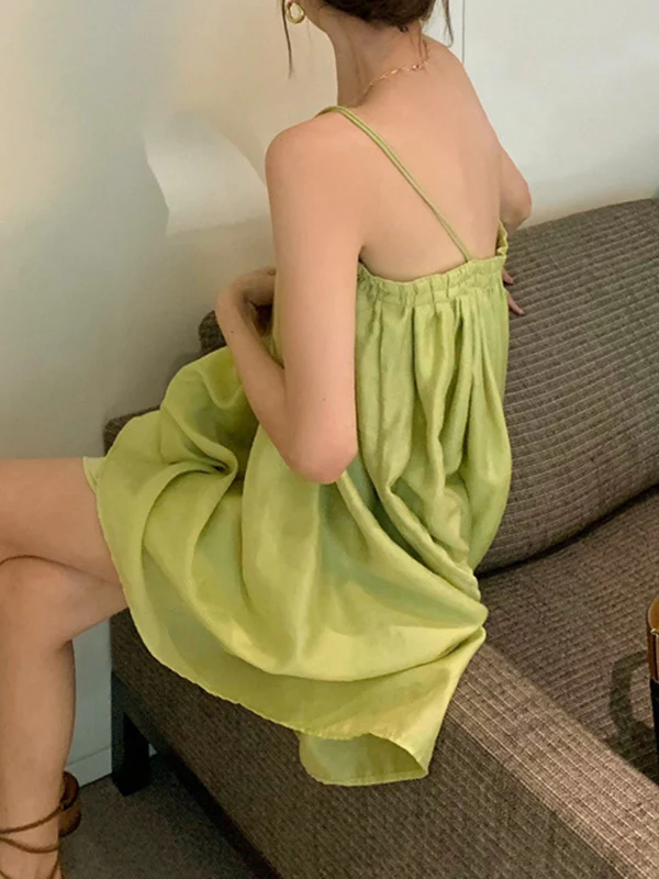 Loose Sleeveless Pleated Solid Color Spaghetti-Neck Mini Dresses Slip Dress - Image 8