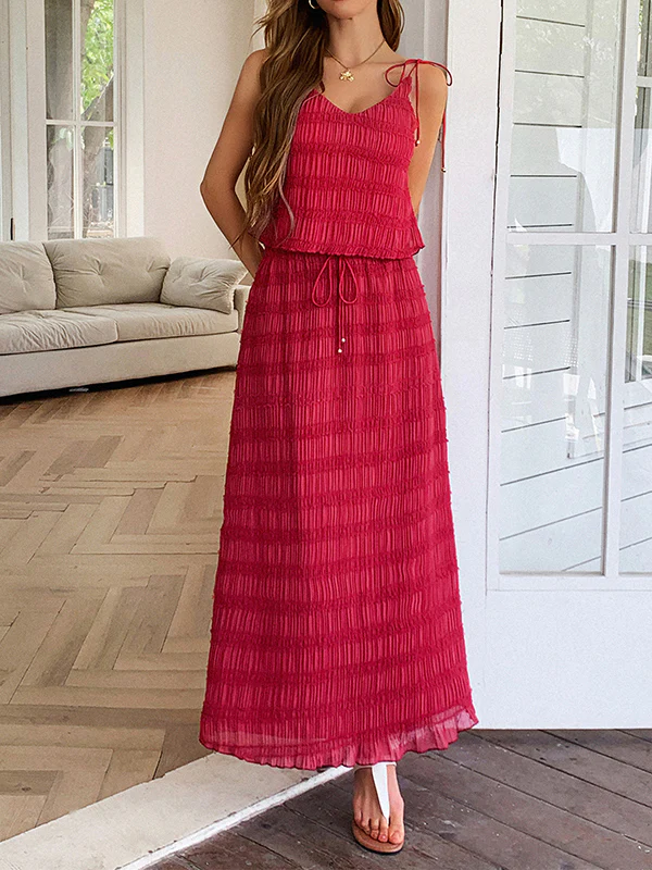 Loose Sleeveless Pleated Solid Color Spaghetti-Neck Vest Top + Drawstring Skirts Bottom Two Pieces Set - Image 12