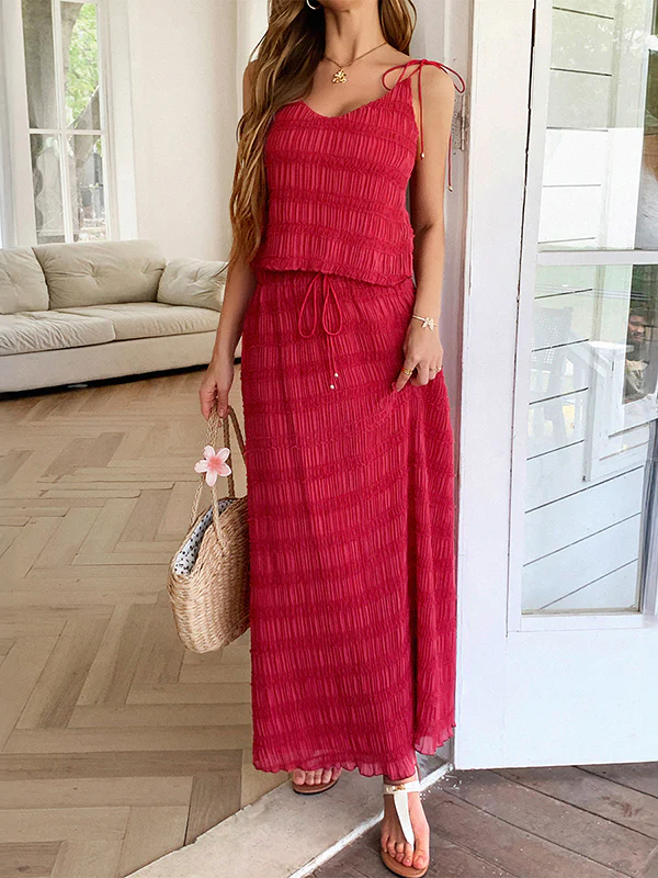 Loose Sleeveless Pleated Solid Color Spaghetti-Neck Vest Top + Drawstring Skirts Bottom Two Pieces Set - Image 2