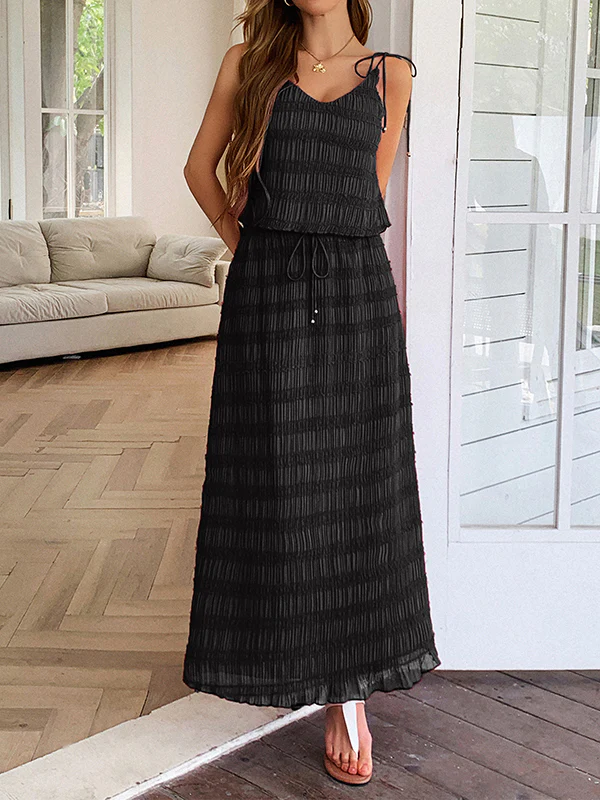 Loose Sleeveless Pleated Solid Color Spaghetti-Neck Vest Top + Drawstring Skirts Bottom Two Pieces Set - Image 4