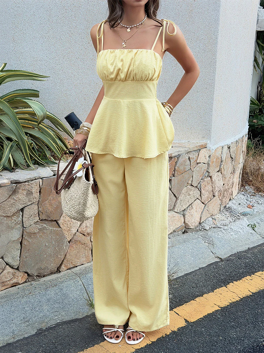 Loose Sleeveless Pleated Solid Color Spaghetti-Neck Vest  Top + Pants Bottom Suits - Image 6