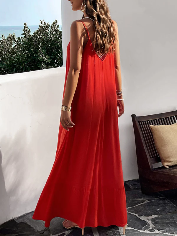 Loose Sleeveless Pleated Solid Color Split-Joint Spaghetti-Neck Maxi Dresses - Image 10