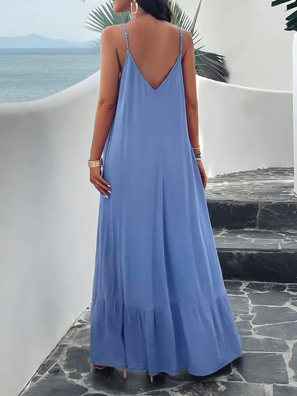 Loose Sleeveless Pleated Solid Color Split-Joint Spaghetti-Neck Maxi Dresses - Image 16