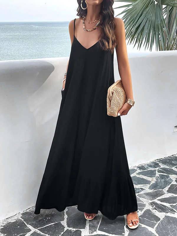 Loose Sleeveless Pleated Solid Color Split-Joint Spaghetti-Neck Maxi Dresses - Image 17