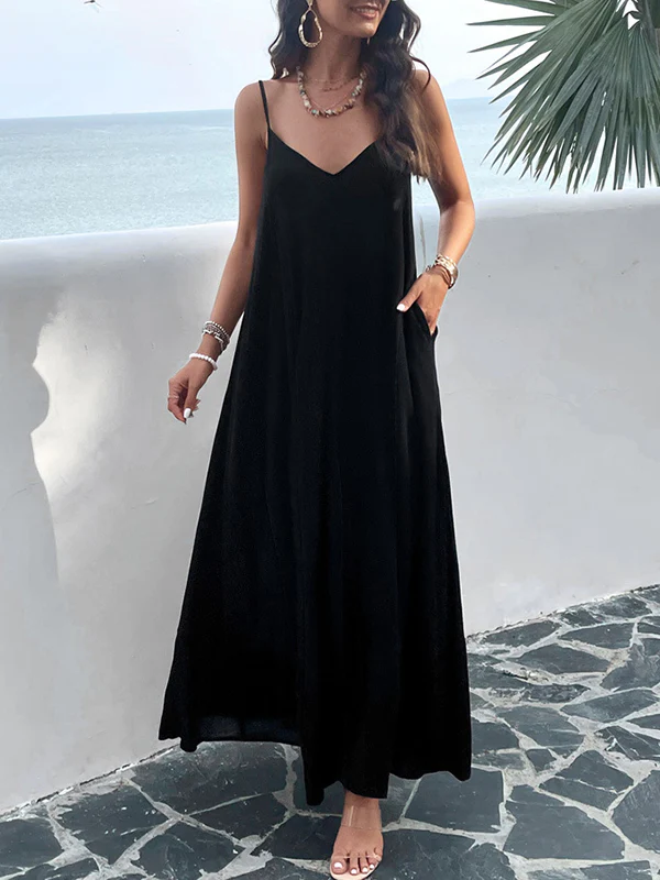 Loose Sleeveless Pleated Solid Color Split-Joint Spaghetti-Neck Maxi Dresses - Image 19