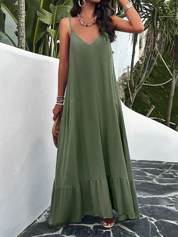 Loose Sleeveless Pleated Solid Color Split-Joint Spaghetti-Neck Maxi Dresses - Image 2