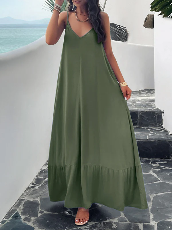 Loose Sleeveless Pleated Solid Color Split-Joint Spaghetti-Neck Maxi Dresses - Image 3