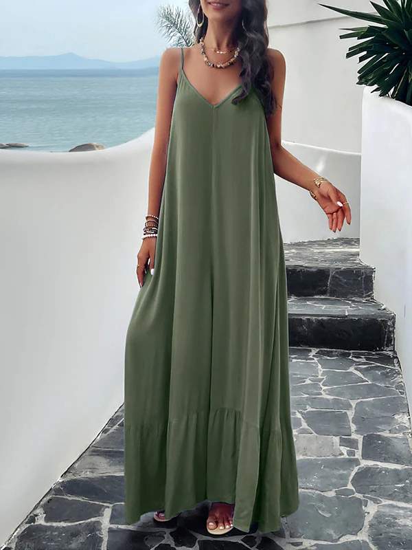 Loose Sleeveless Pleated Solid Color Split-Joint Spaghetti-Neck Maxi Dresses - Image 4
