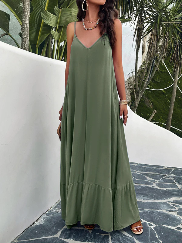 Loose Sleeveless Pleated Solid Color Split-Joint Spaghetti-Neck Maxi Dresses - Image 5