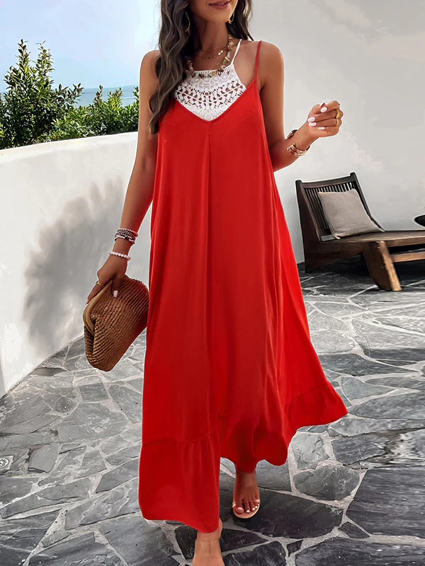 Loose Sleeveless Pleated Solid Color Split-Joint Spaghetti-Neck Maxi Dresses - Image 7