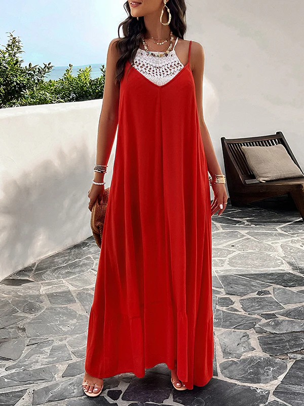 Loose Sleeveless Pleated Solid Color Split-Joint Spaghetti-Neck Maxi Dresses - Image 8