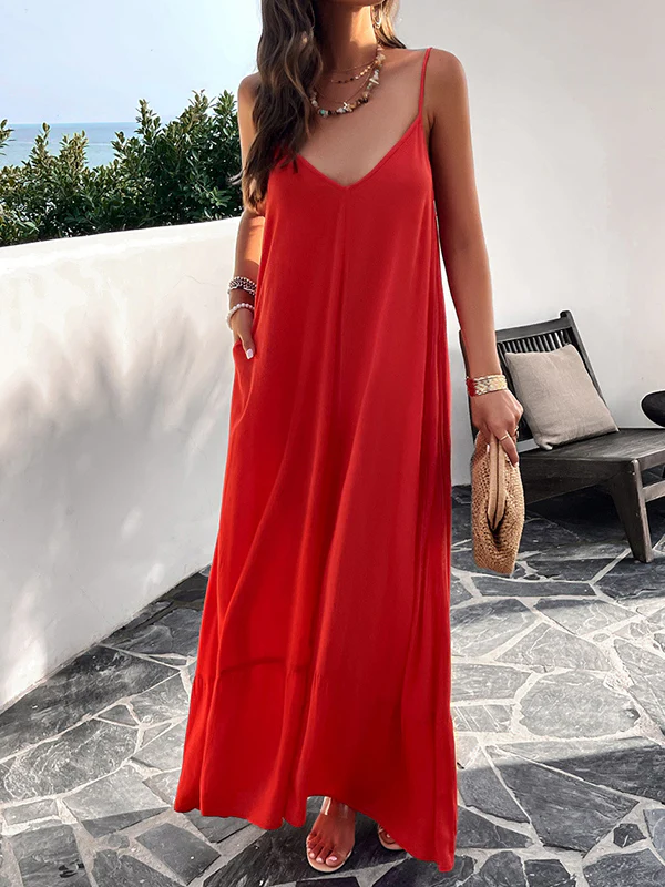 Loose Sleeveless Pleated Solid Color Split-Joint Spaghetti-Neck Maxi Dresses - Image 9