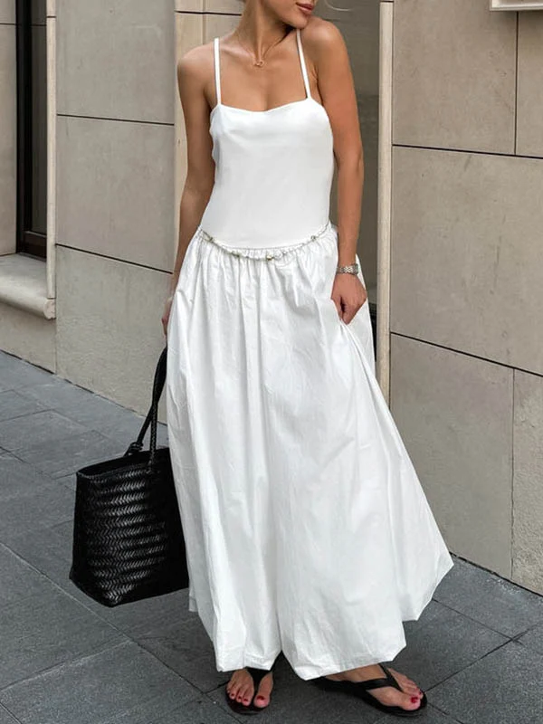 Loose Sleeveless Pleated Solid Color Split-Joint Spaghetti-Neck Midi Dresses - Image 2