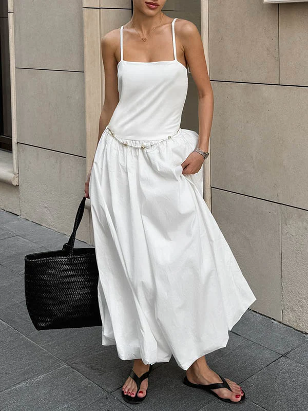 Loose Sleeveless Pleated Solid Color Split-Joint Spaghetti-Neck Midi Dresses - Image 3
