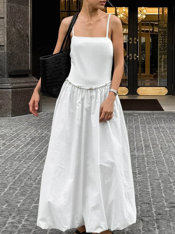 Loose Sleeveless Pleated Solid Color Split-Joint Spaghetti-Neck Midi Dresses - Image 4