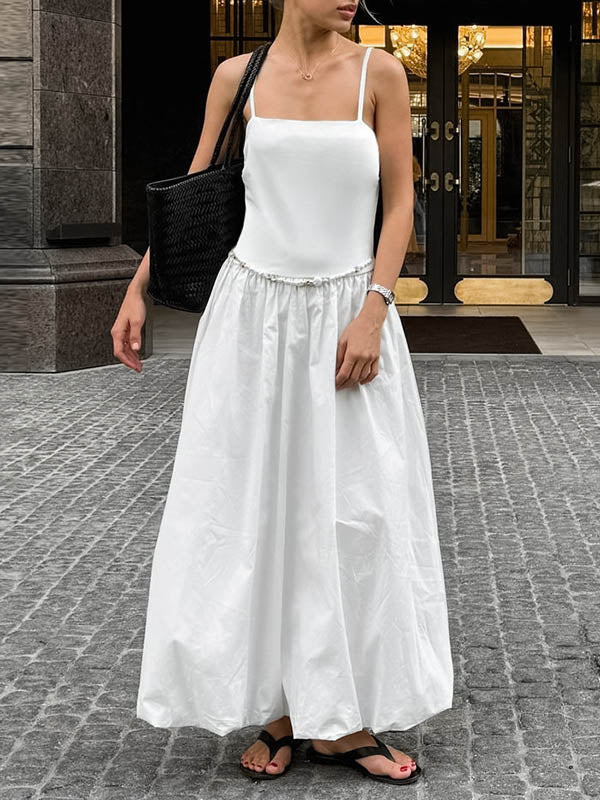 Loose Sleeveless Pleated Solid Color Split-Joint Spaghetti-Neck Midi Dresses - Image 5