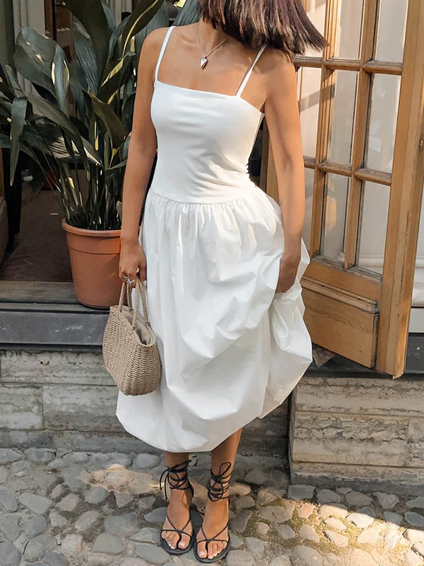 Loose Sleeveless Pleated Solid Color Split-Joint Spaghetti-Neck Midi Dresses - Image 6