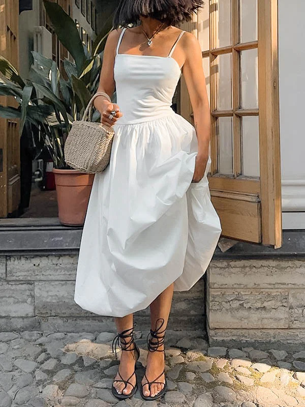 Loose Sleeveless Pleated Solid Color Split-Joint Spaghetti-Neck Midi Dresses - Image 7