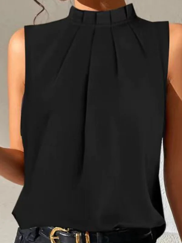 Loose Sleeveless Pleated Solid Color Split-Joint Stand Collar Vest Top - Image 2