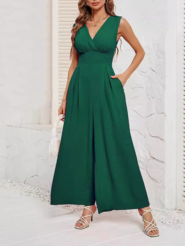 Loose Sleeveless Pleated Solid Color Split-Joint V-Neck Jumpsuits - Image 2
